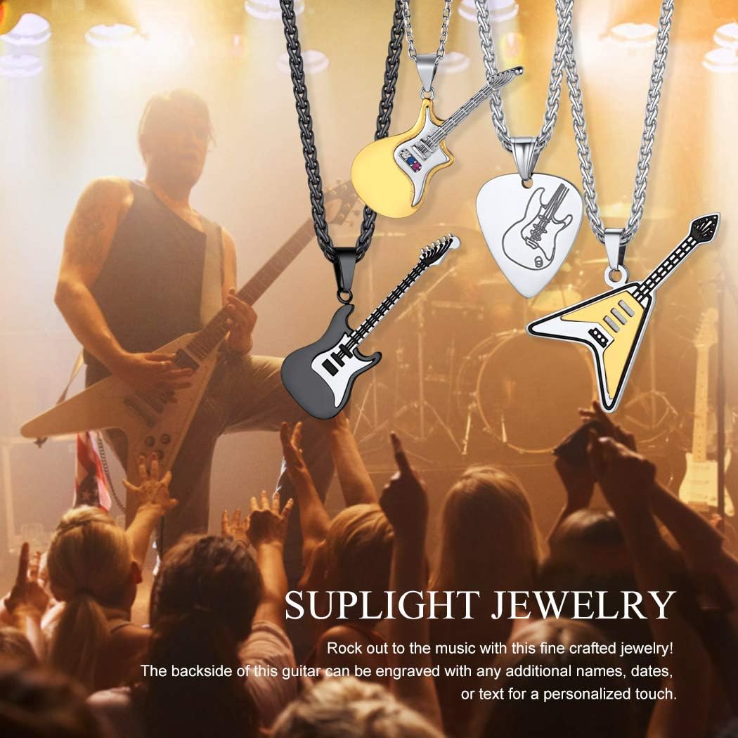 Suplight Stainless Steel Black Guitar Pick Necklace for Men Waterproof Guitar Picks Holder Pendant Plectrum Music Note Necklace Musical Guitarist Jewelry Gift for Women Men