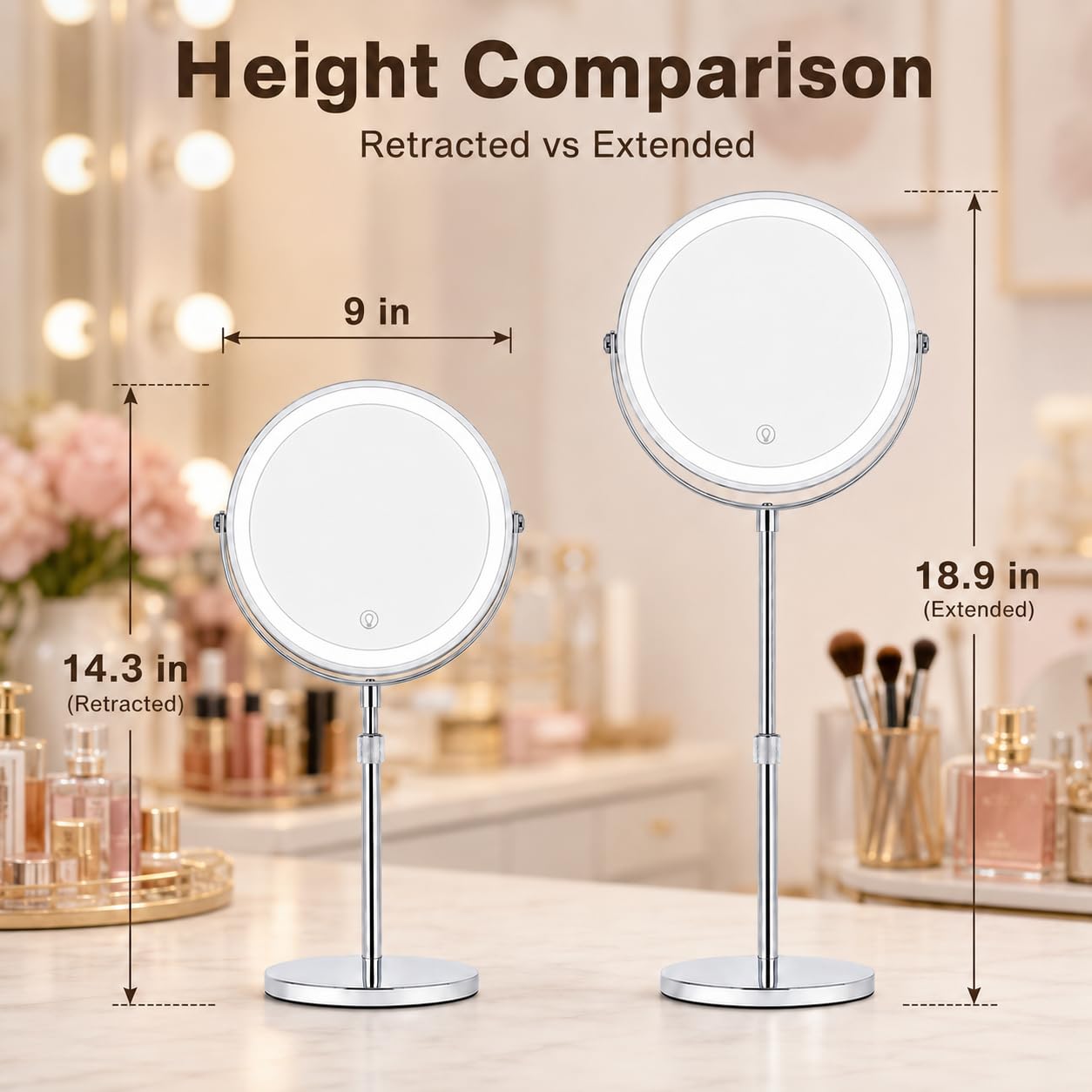 Espejo de Maquillaje Iluminado Ajustable de 9 Pulgadas de Altura con Aumento de 10 aumentos, Espejo de tocador Recargable de 360° de Doble Cara con 3 Modos de Color, Brillo táctil Regulable para baño