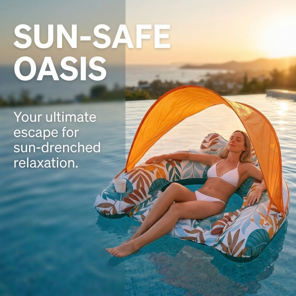 IISVGE Inflatable Pool Float with Removable Canopy, Tropical Leaf Print Pool Raft for Adults, Comfortable Water Lounge with Backrest and Cup Holder, Heavy Duty Inflatable Lounge for Pool, Lake&Beach