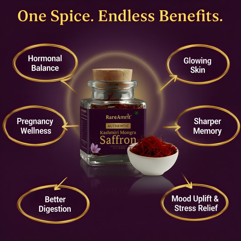 Image of Rareamrit Authentic Rare Kashmiri Mongra Saffron 2g, Pure Kesar, Saffron /Kesar for Pregnant Women, Kids, Biryani, Milk & Enhances Skin Health, Rich Aroma & Flavour,Hand Harvested & Sun Dried