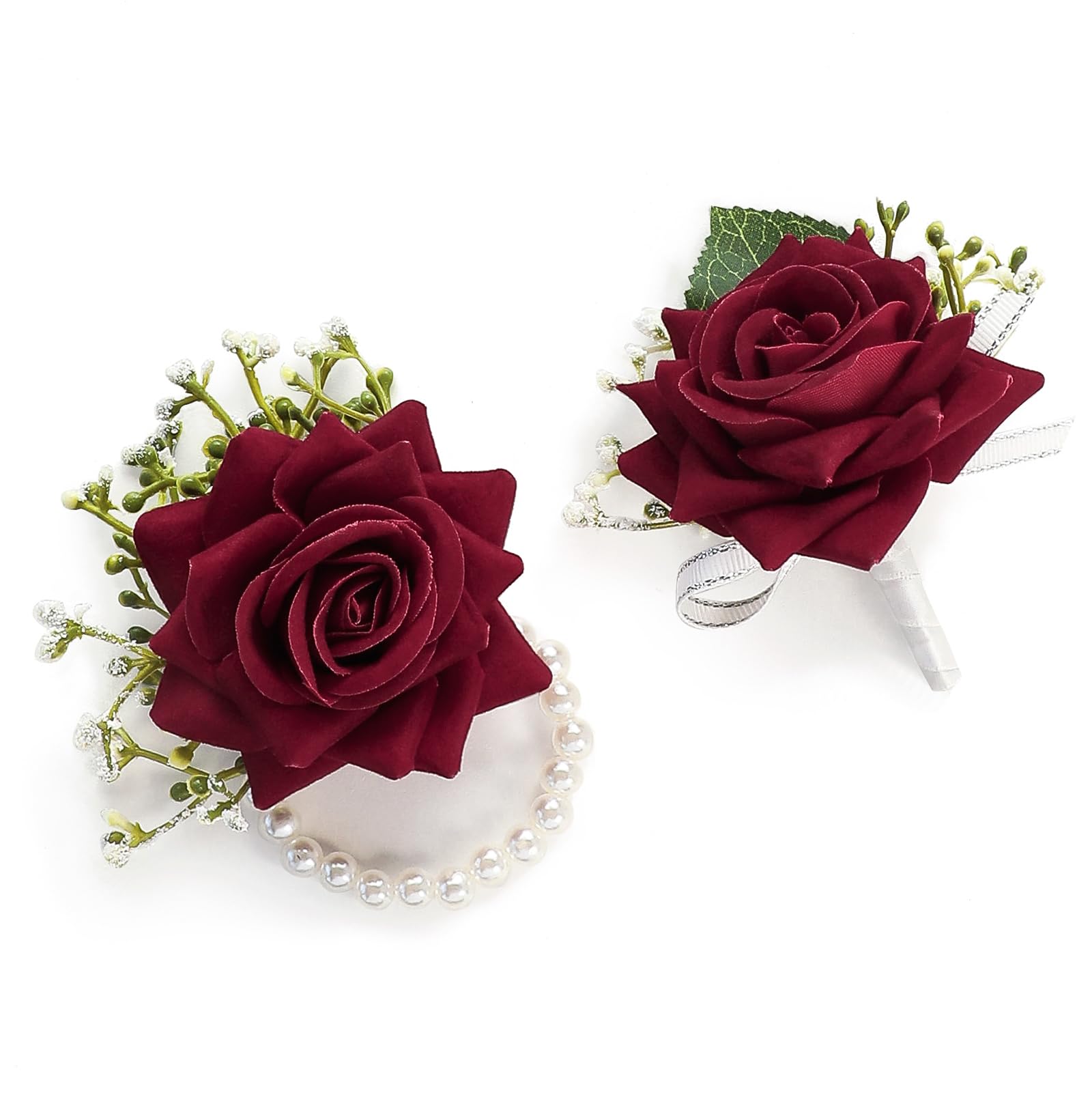 Floroom Burgundy Rose Wrist Corsage Red Wristlet Band Bracelet and Men Boutonniere Set for White Wedding Flower Accessories Prom Suit Decorations image 5