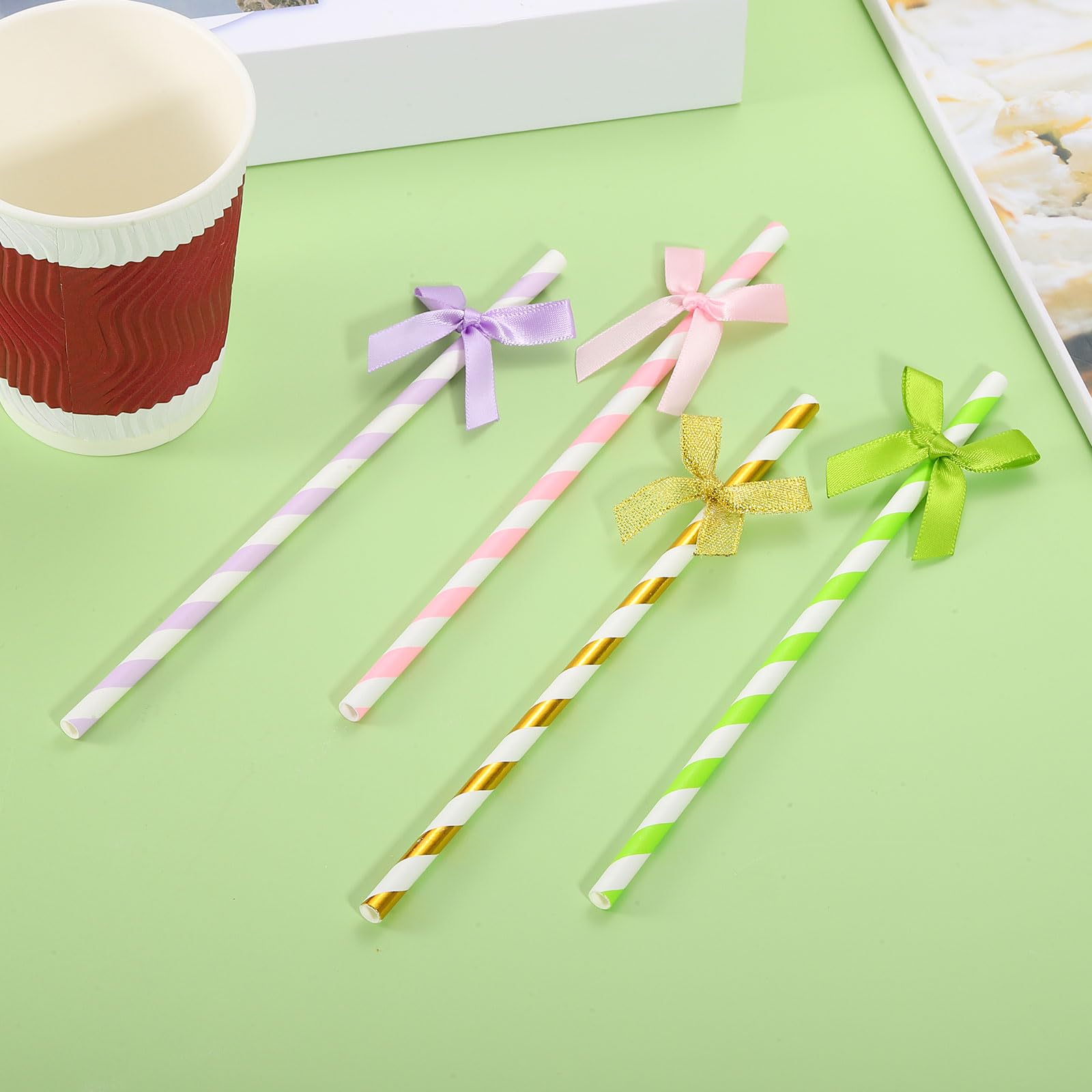 uxcell 80 pajitas de papel a rayas con lazo de cinta, pajitas desechables para decoración de tartas para bodas, suministros de fiesta de cumpleaños, color rosa