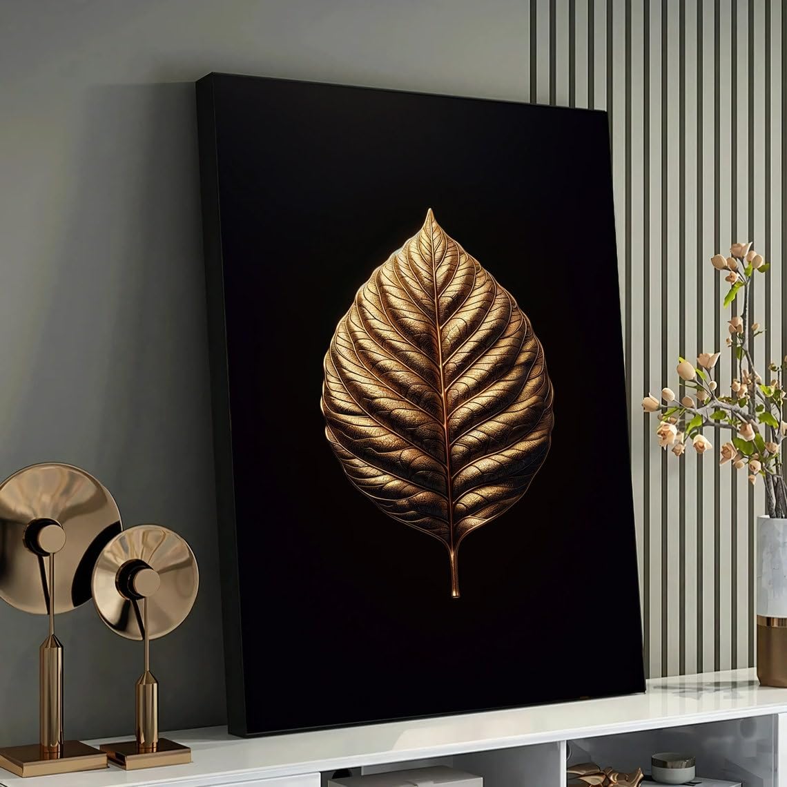 Art mural floral d'exception : Tableau feuille d'or Veines d'or pour salon chic - 6