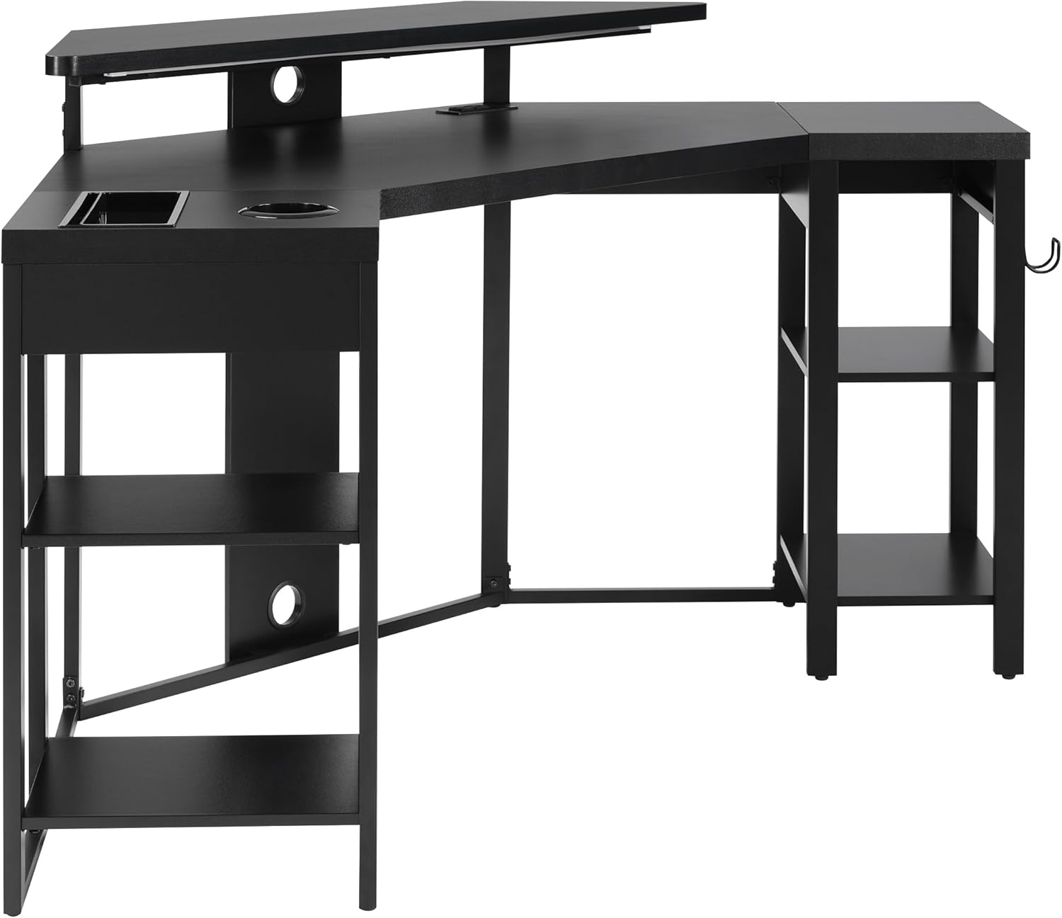 OSP Home Furnishings Adaptor Corner Gaming Desk with Large Monitor Shelf, LED Lighting, USB & AC Power Strip, Black Carbon Fiber Surface
