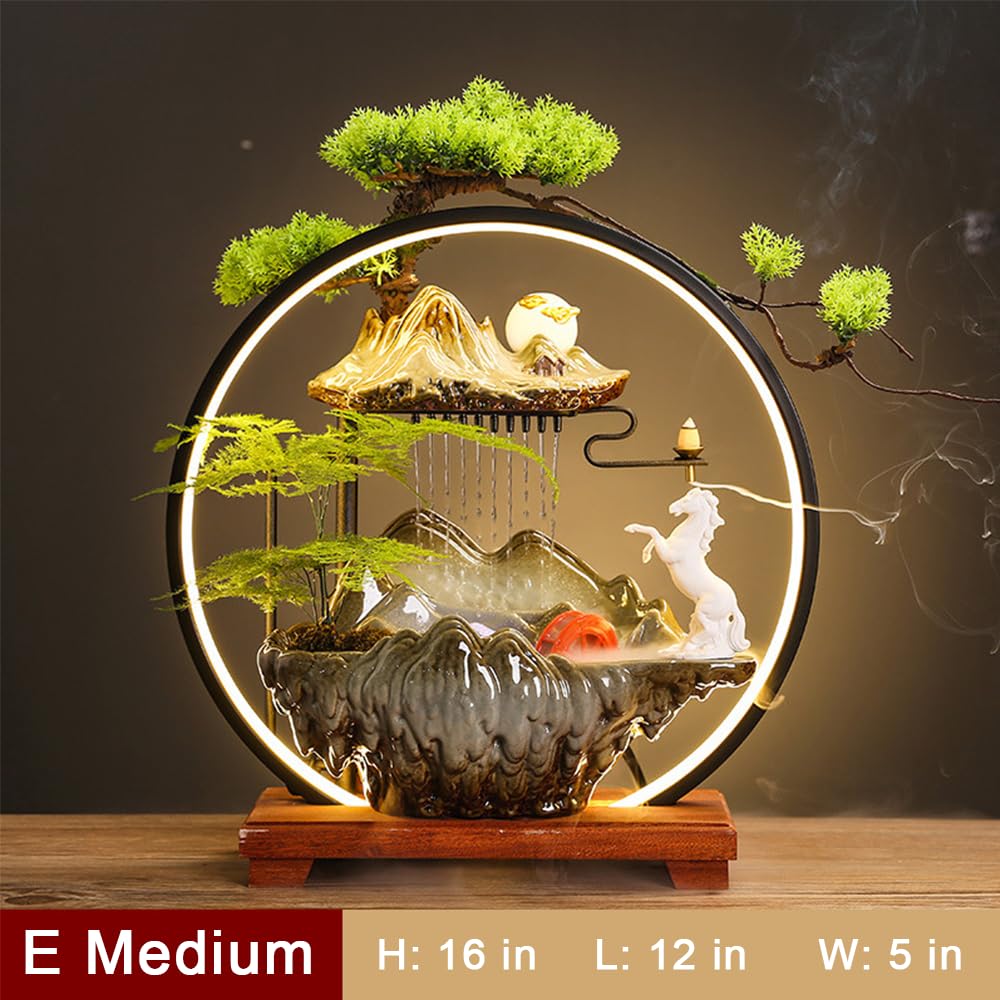Fontanna stołowa do wnętrz, dekoracyjny wodospad, ceramiczna, motyw: Budda, drzewo, z oświetlenie LED, efekt mgły, Zen, do biura, (E Medium)