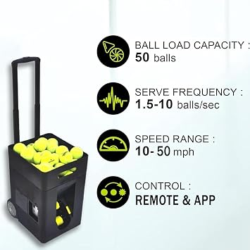Tennis Ball Machine, Portable Automatic Ball Launcher Tennis Practice Equipment, Remote Control and App Control, 2 to 4 Hours Running Time, 50 Large Capacity, For All Tennis Players