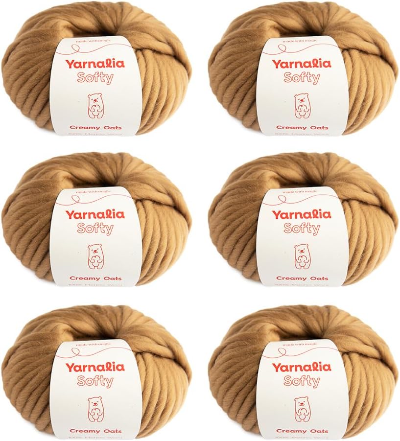 Softy Yarn Bulky Weight 6-Pack Composed of Merino Wool | Ultra-Soft Yarn Spun for Knitting & Crocheting for Sweaters, Blankets & Accessories | 100g, 49 Yards per Ball | Creamy Oats