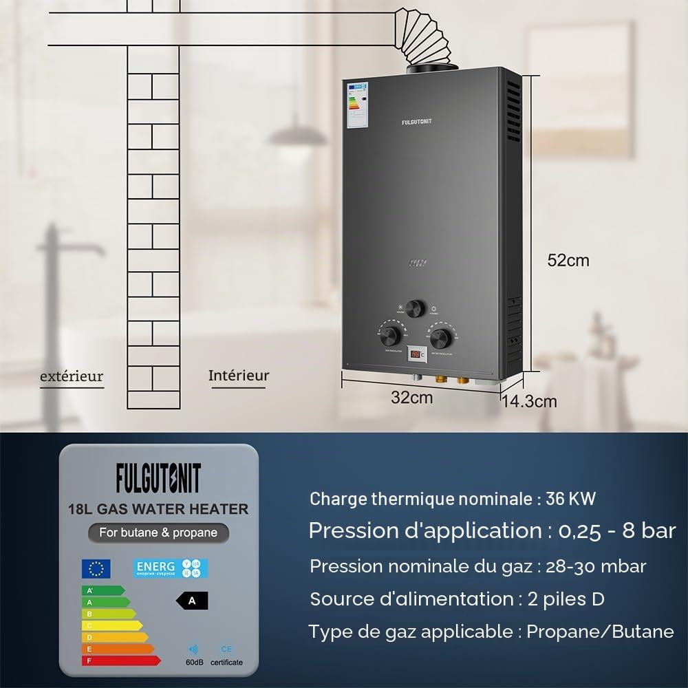 Fulgutonit 18L Chauffe-Eau à Gaz,36Kw Chauffe-Eau Butane Propane avec Pomme de Douche et Affichage Digital, Allumage de la Batterie,0.25 Bar Pression d'Eau Démarrage,pour Maison,Cabine