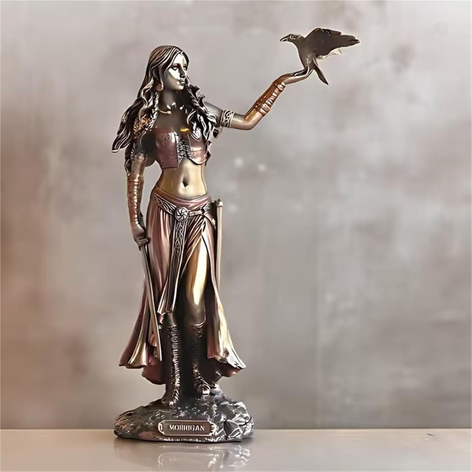 YUZDNM Art Statue - Desktop Decoration Sculpture, Celtic Goddess Morrigan with Crow and Sword Bronze Finish Sculptures, Synthetic Resin Figurine, Elegant Artistic Ornaments