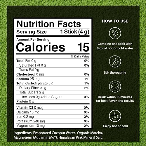 VitaCup Hydration Matcha Instant Packets, for Natural Energy and Detox, w/Electrolytes, Ceremonial Grade Organic Matcha, Coconut Water, Pink Himalayan Salt, Magnesium, in Single Serve Sticks, 10 Ct