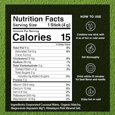 VitaCup Hydration Matcha Instant Packets, for Natural Energy and Detox, w/Electrolytes, Ceremonial Grade Organic Matcha, Coconut Water, Pink Himalayan Salt, Magnesium, in Single Serve Sticks, 20 Ct