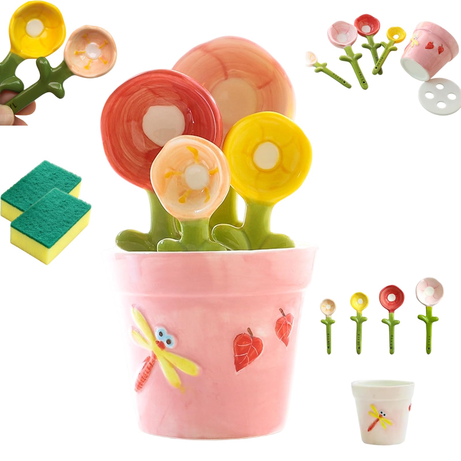 Cuillères doseuses en céramique avec pot de rangement décoratif fleur