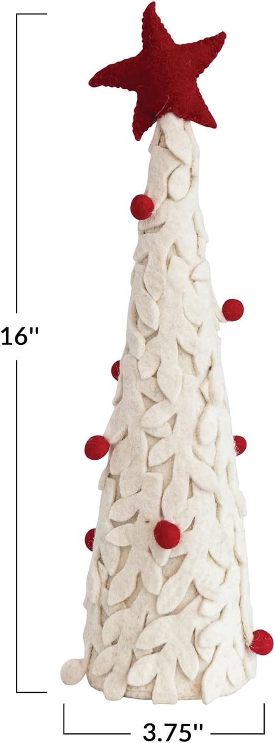 Creative Co-Op 3-3/4' Round x 16' H Handmade Wool Felt Tree w/Applique, Star & Pom Poms, Cream Color & Red