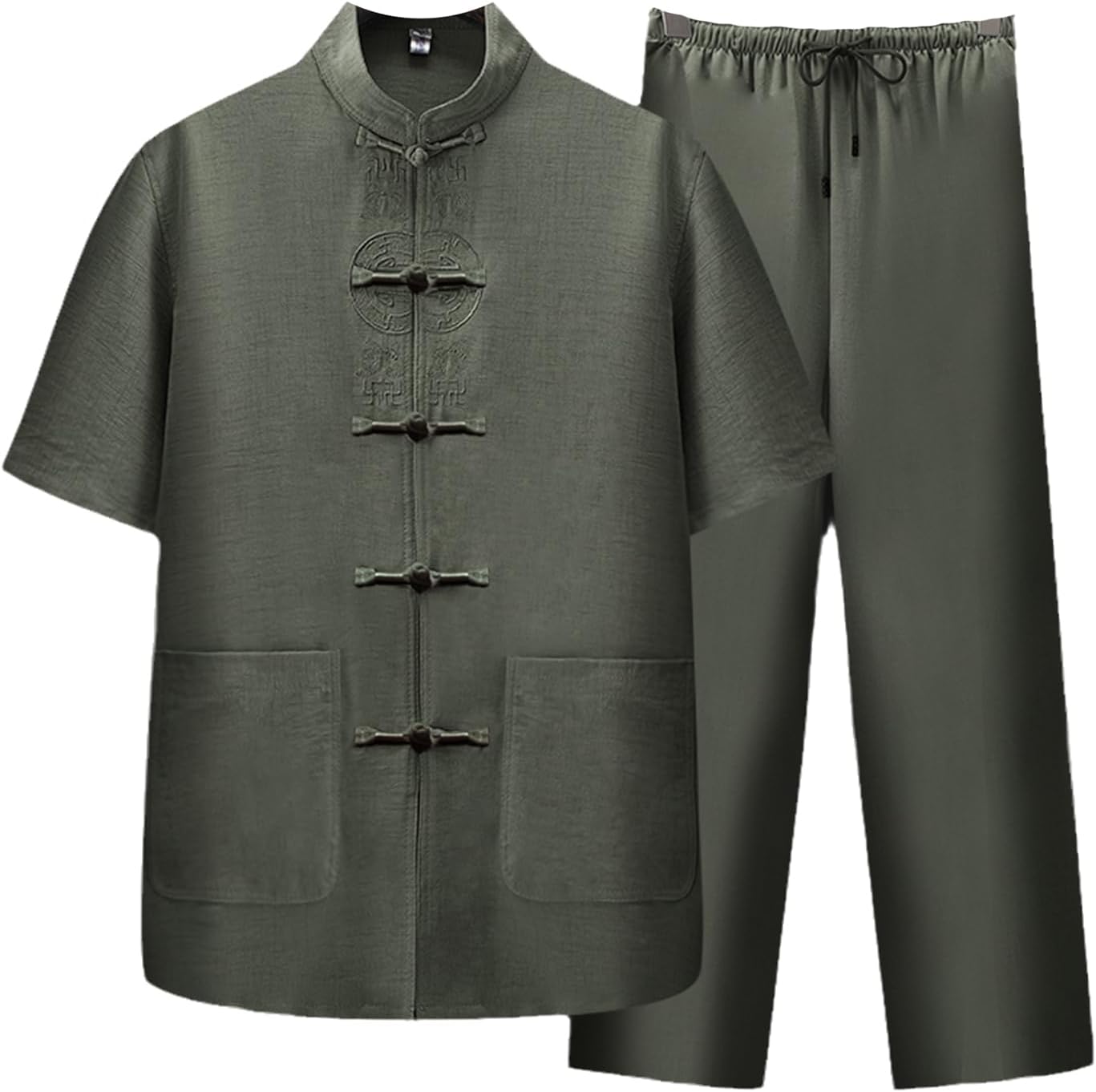 メンズ中国の伝統的なリネンコットン夏タイてカイカンフーマンダリンカラーカエルボタンシャツ ArmyGreen-L