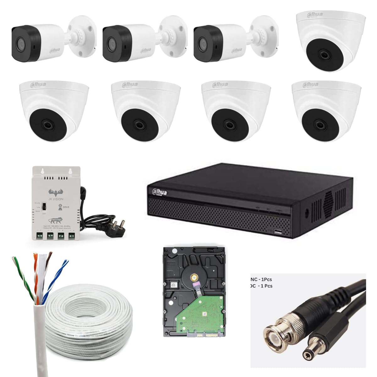 Dahua 2MP with Audio HD CCTV Camera Full Set 3 Bullet 5 Dome 8 Channel DVR JK Vision Power Supply 1TB Hard Disk 90 Meter Cable BNC/DC Connector-picture-20