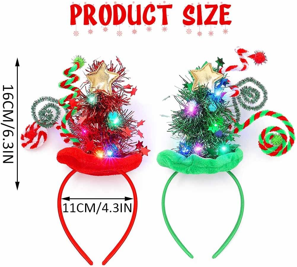 Yean Christmas Tree Headband Light Up Christmas Tree Tinsel Glow Hat Holiday Costume Accessories for Women and Girls(Pack of 2) - Image 3