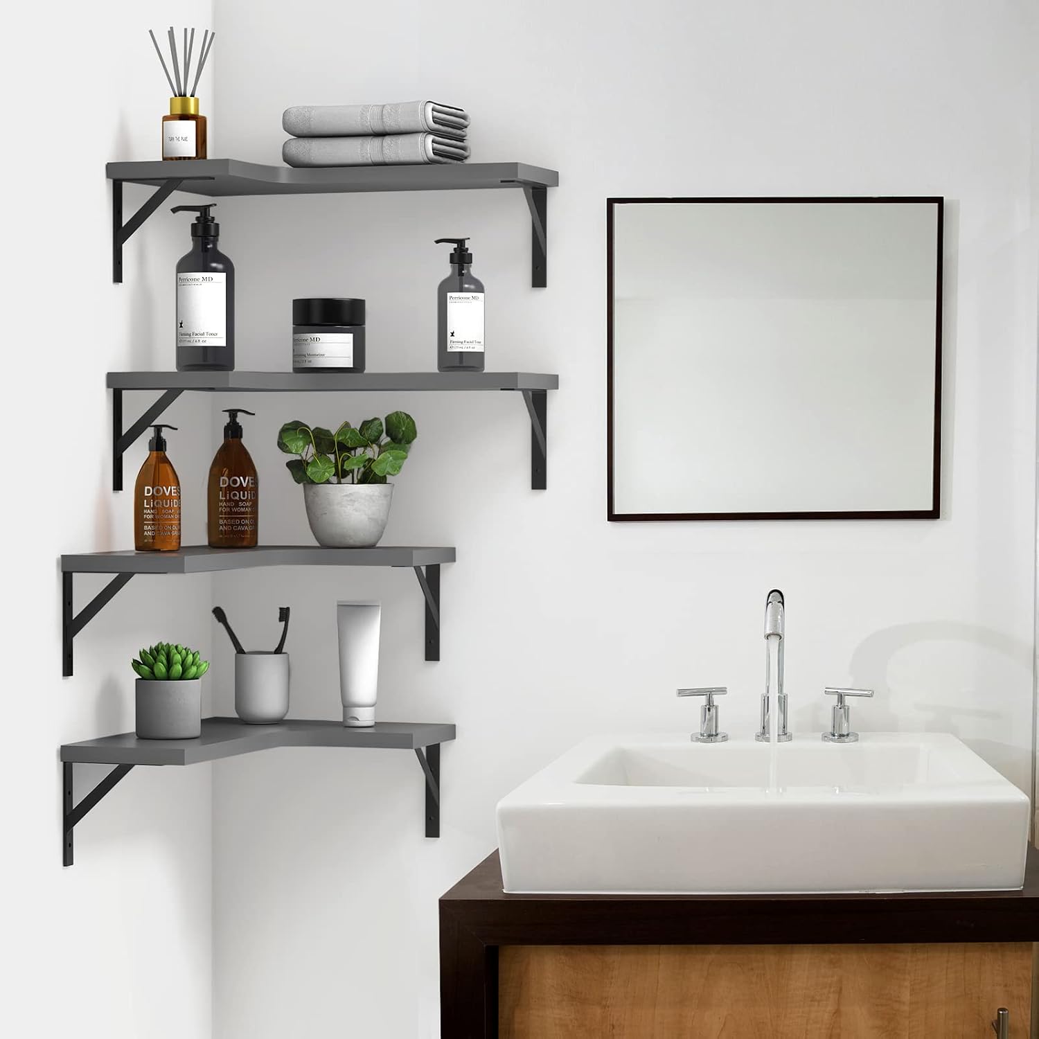 EACHPAI Floating Corner Shelves for Wall Décor Storage, Wall Shelves Set of 4, Wall Mounted Wood Shelves for Home Decor, Bedroom, Living Room, Bathroom, Kitchen, Office (Grey)…