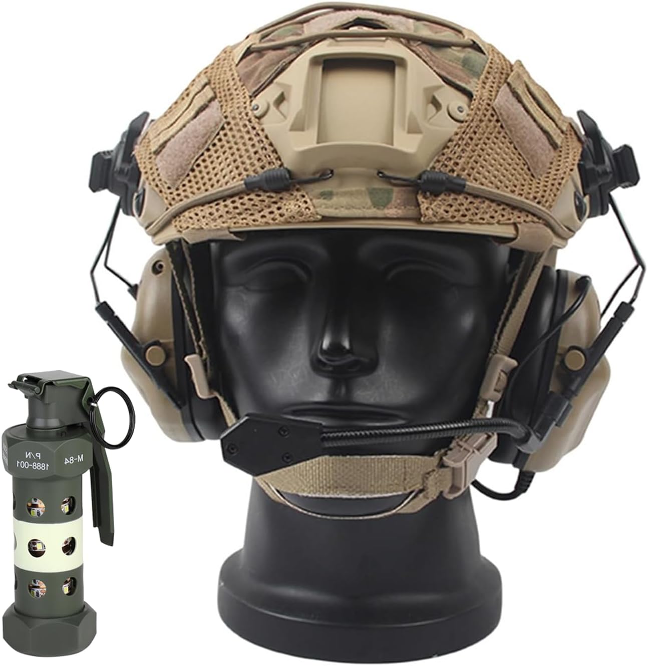 Tactical Military Paintball Airsoft Fast PJ Helmet Set,with Tactical Headset Helmet Cover Dummy Flashbang Model Light, for Hunting Shooting CQB Cs Games