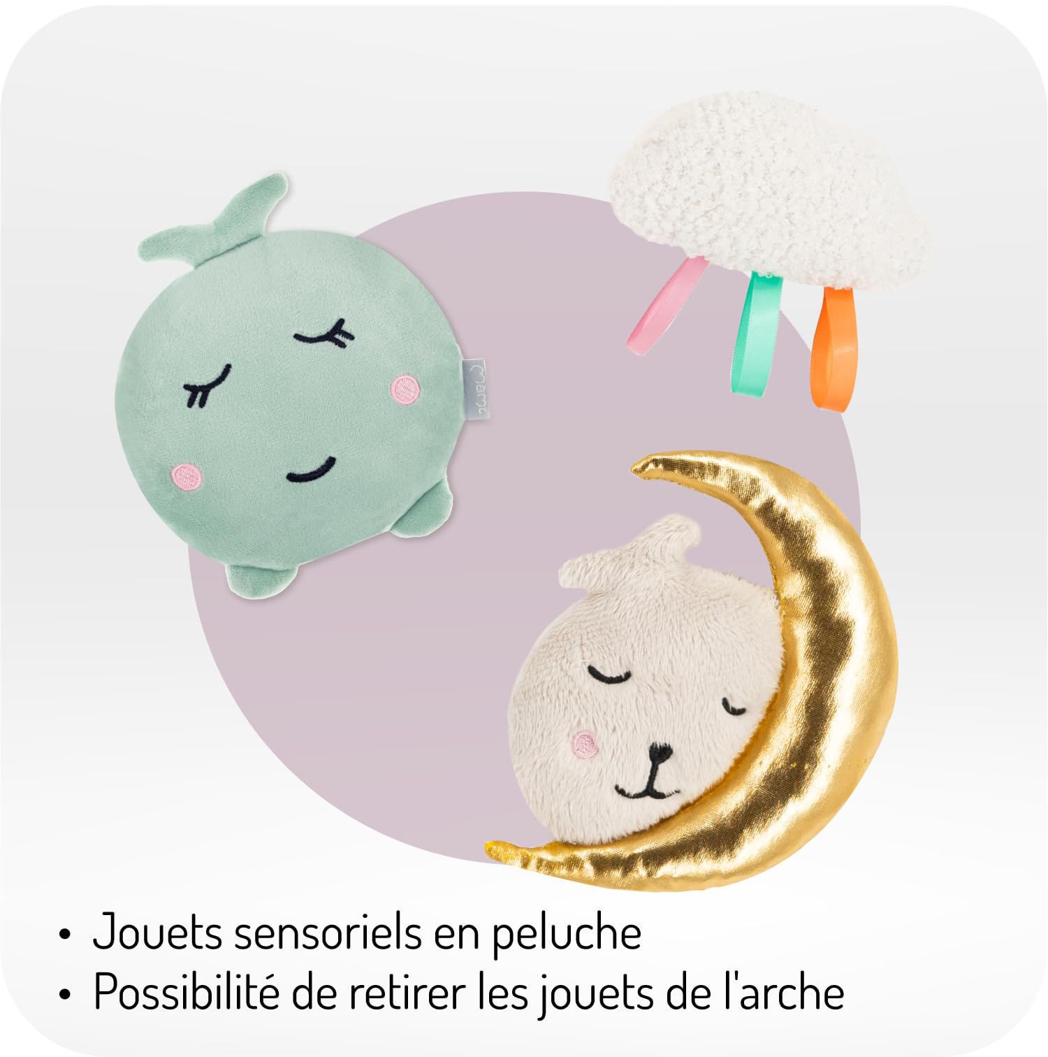 Momi Arche de Jeux Zizi à Monter sur Une balancelle, Une Poussette, Un Porte-bébé ou Un lit bébé, avec 3 Jouets sensoriels Amovibles, Montage Facile par Pince sans Outils