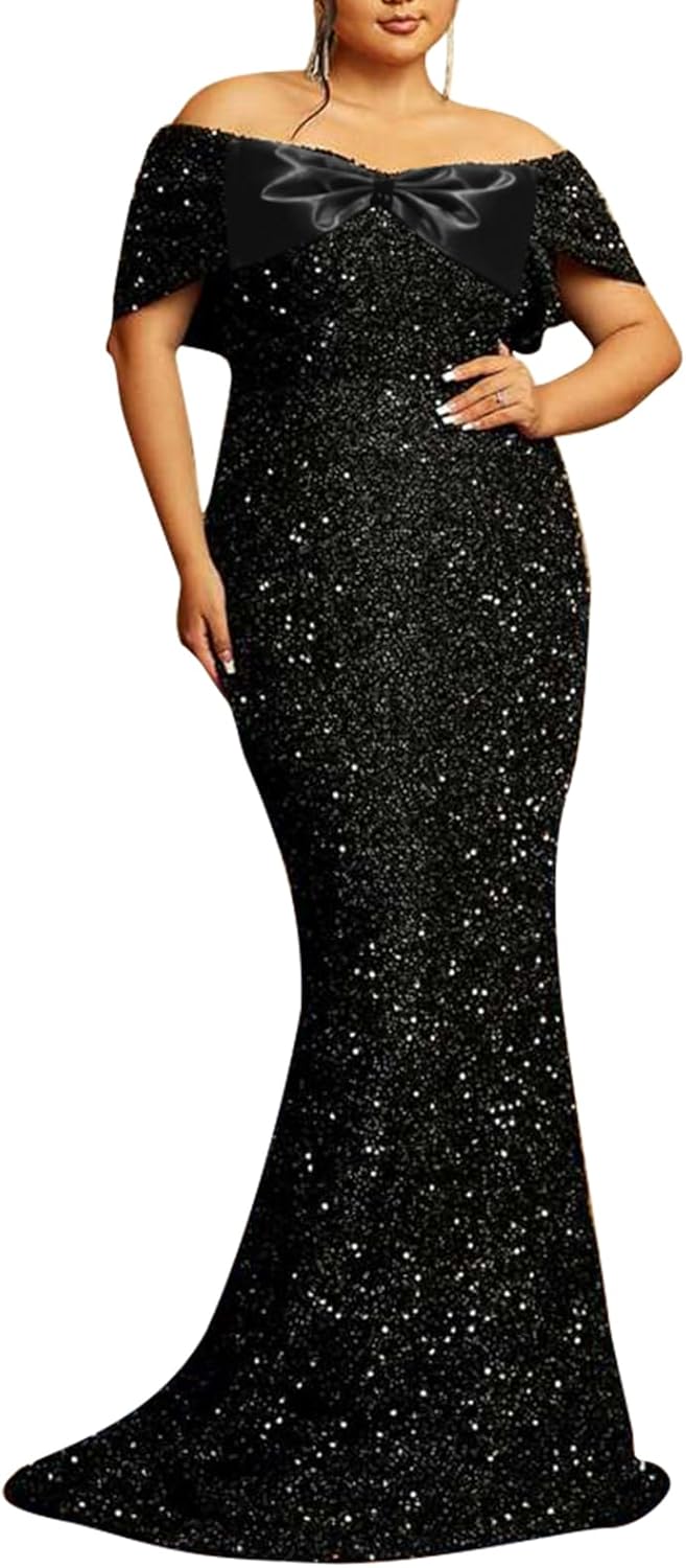 Women's Sexy Off Shoulder Short Sleeve Sequin Floor Length Bodycon Cocktail Evening Gown Party Maxi Dress