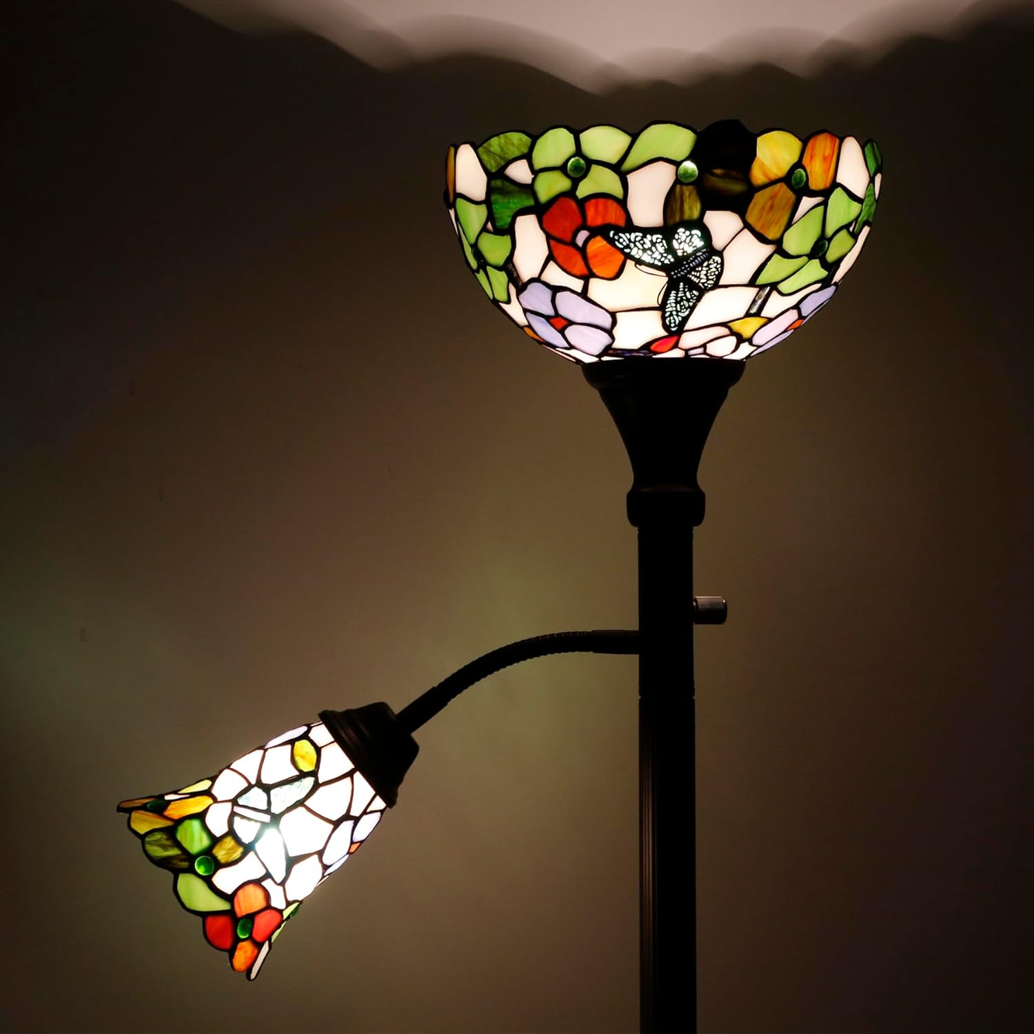 Tiffany Floor Lamp Torchiere with Side Nightlight Butterfly Flower Style Stained Glass Reading Light 10X10X71 Inches Pole Standing Corner Torch Uplight Decor Bedroom Living Room Home