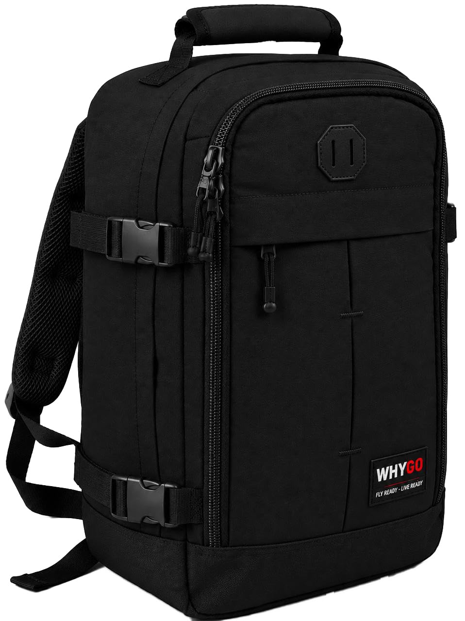 WHYGO Zaino da Viaggio 40x30x20 Impermeabile, Compatibile Ryanair - NERO | Capacità di 24 litri, Retro Traspirante - Apertura 180º con 2 Sacchetti Sottovuoto Inclusi - Ideale per Weekend e Trasferte