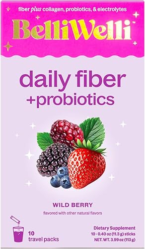 Belli Welli Paquetes diarios de suplemento de fibra con colágeno, probióticos y electrolitos Paquetes de una sola porción para la salud intestinal,