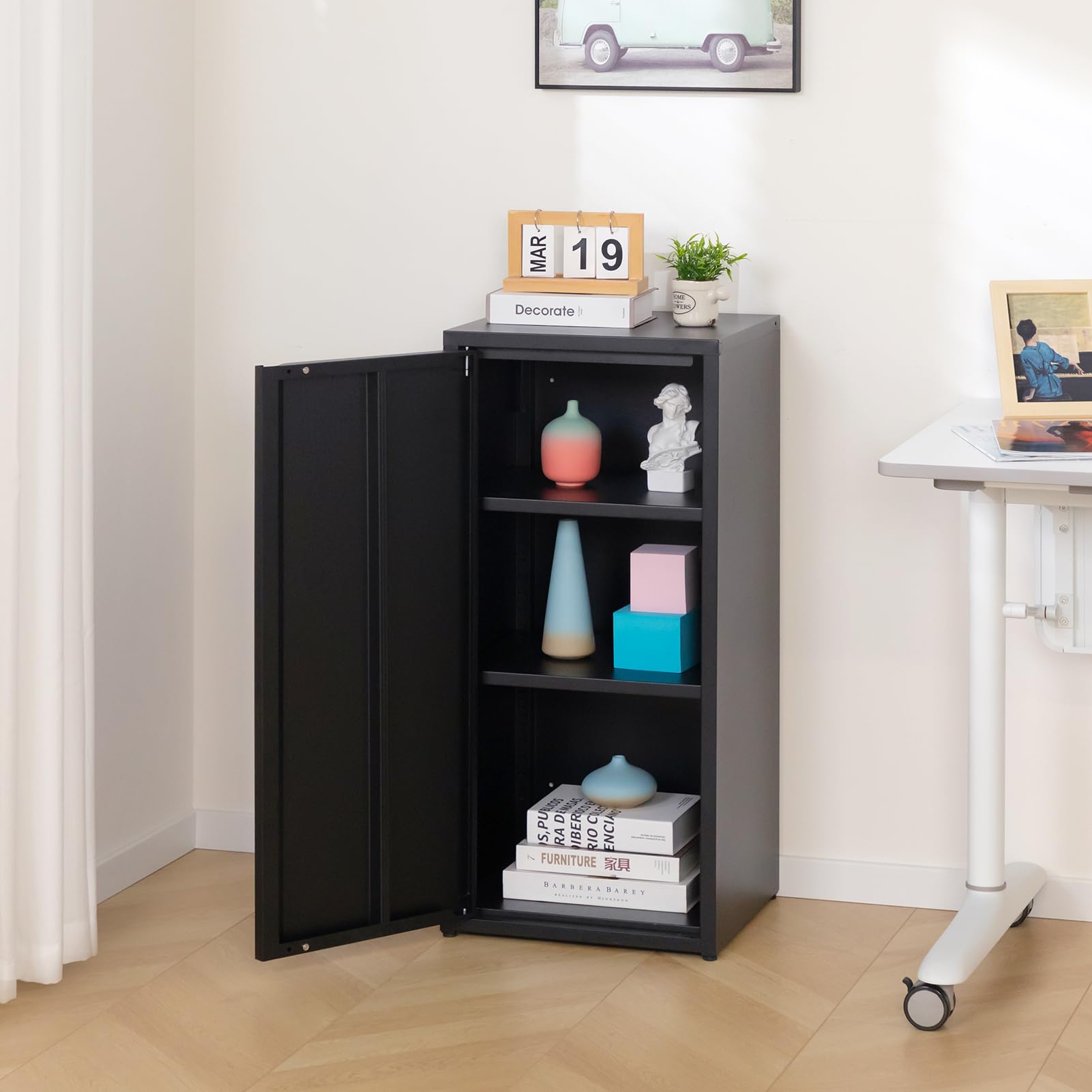 HollyHOME Classificatore con chiusura magnetica in metallo a una porta, armadio di archiviazione per ufficio, classificatori con 2 ripiani regolabili per la casa, nero