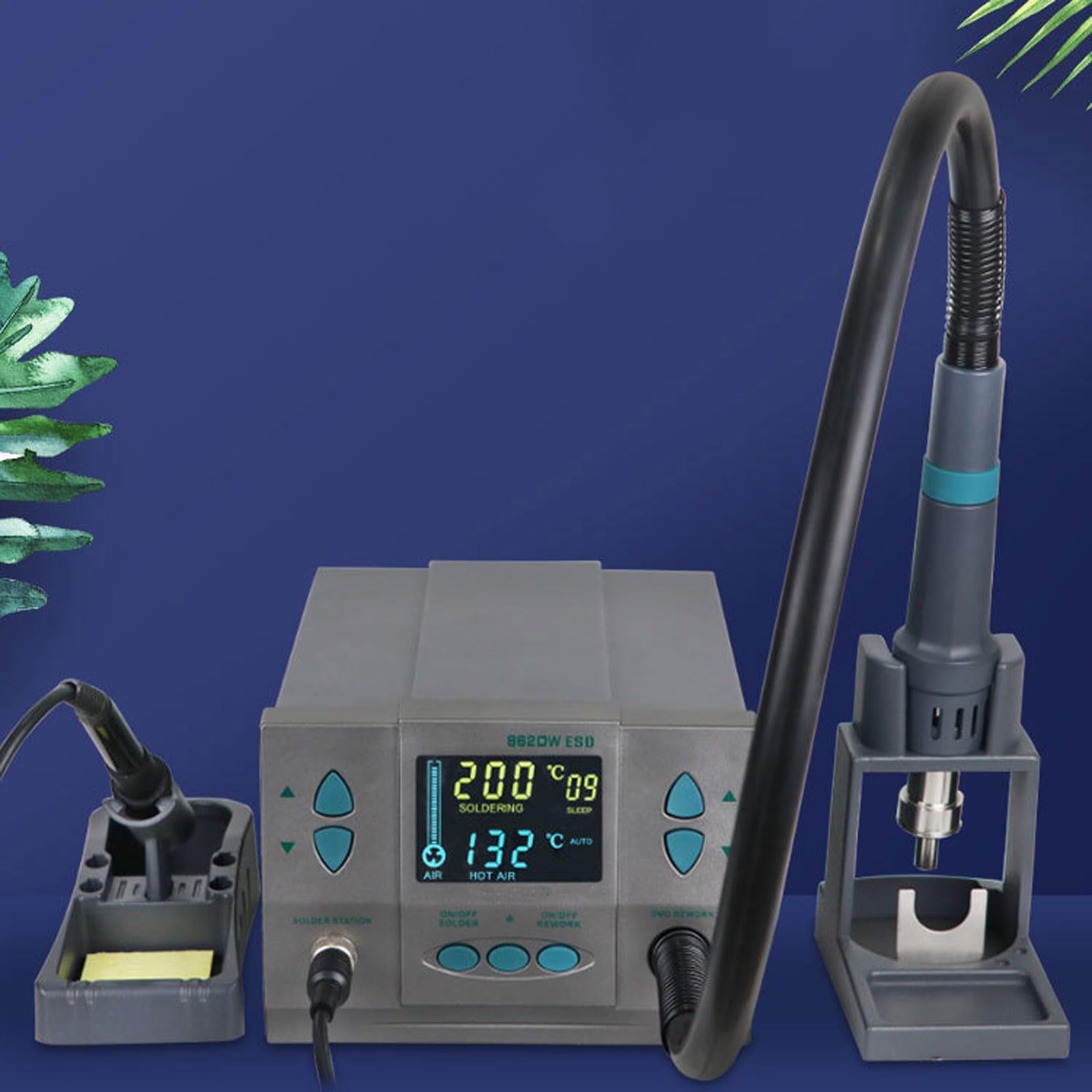 Zestaw stacji lutowniczych, stacja lutownicza na gorące powietrze z regulacją temperatury 100-500℃ i cyfrowym wyświetlaczem do lutowania bezołowiowego i napraw elektroniki