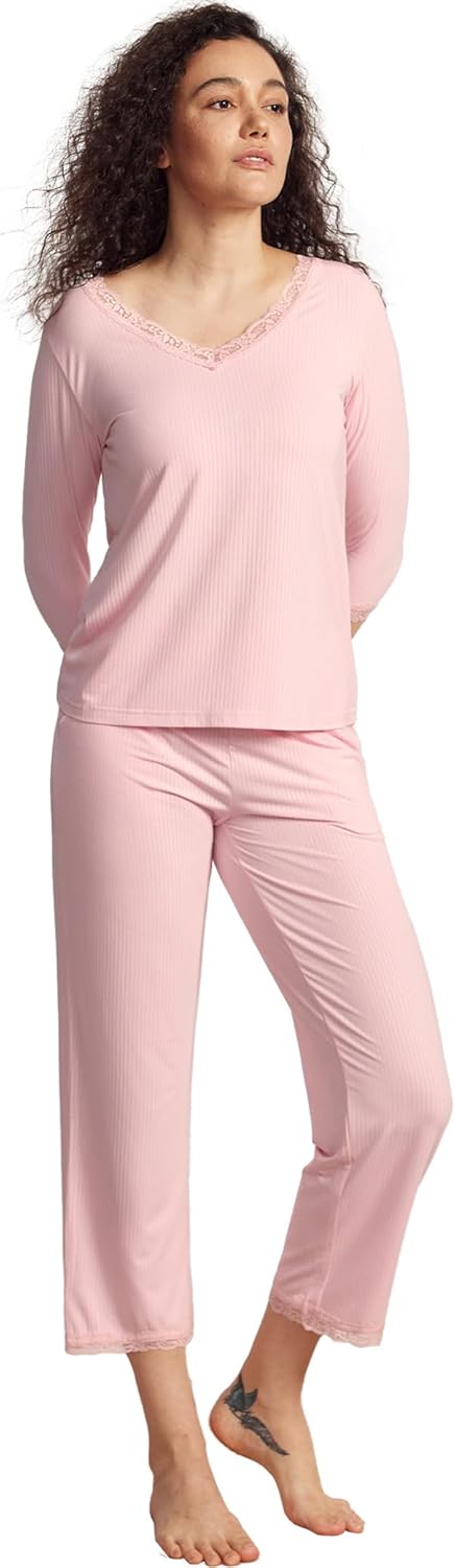 GYS Women's Pajamas Set Soft Comfy V Neck 3/4 Sleeve Top and Cropped Pants 2 Piece Sleepwear