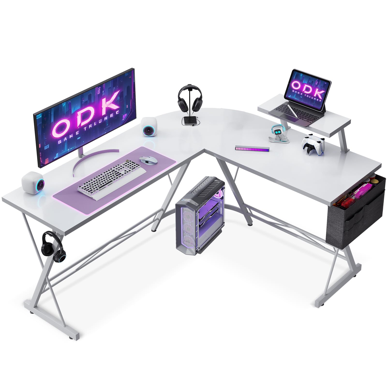 ODK Mesa Gaming con Soporte para Monitor, Escritorio Gaming con Bolsa de Almacenamiento, Escritorio en Forma de L para Gaming Blanco Puro, 147 x 120 cm