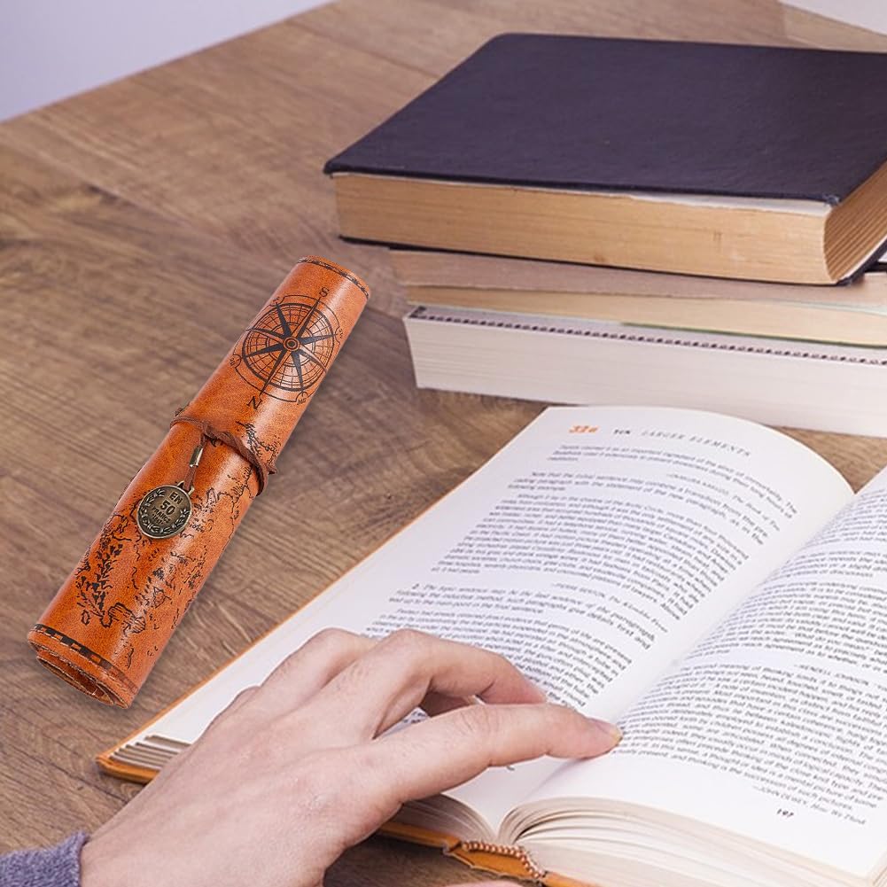GORGECRAFT PU Leather Pencil Bag Strap Vintage Treasure Map Compass Cover Rollup Storage Organizer Retro Pen Bag Wrap Roll Case Holder Portable Stationery Pouch with Alloy Charming Rectangle(Peru) - Image 5