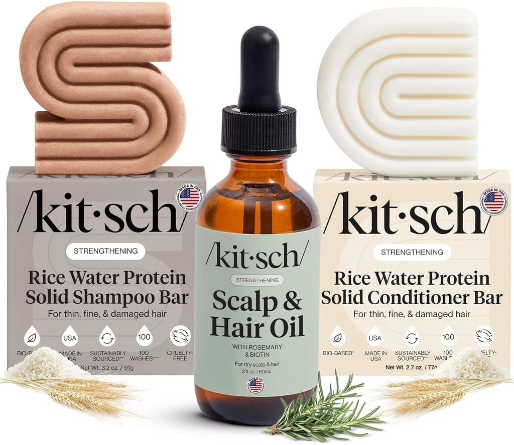 Kitsch Rice Water Shampoo and Conditioner Set + Pre-Wash Scalp Serum with Rosemary and Biotin – Shampoo and Conditioner Bar for Hair Growth & Scalp Nourishment Hair Care – 3pc Set