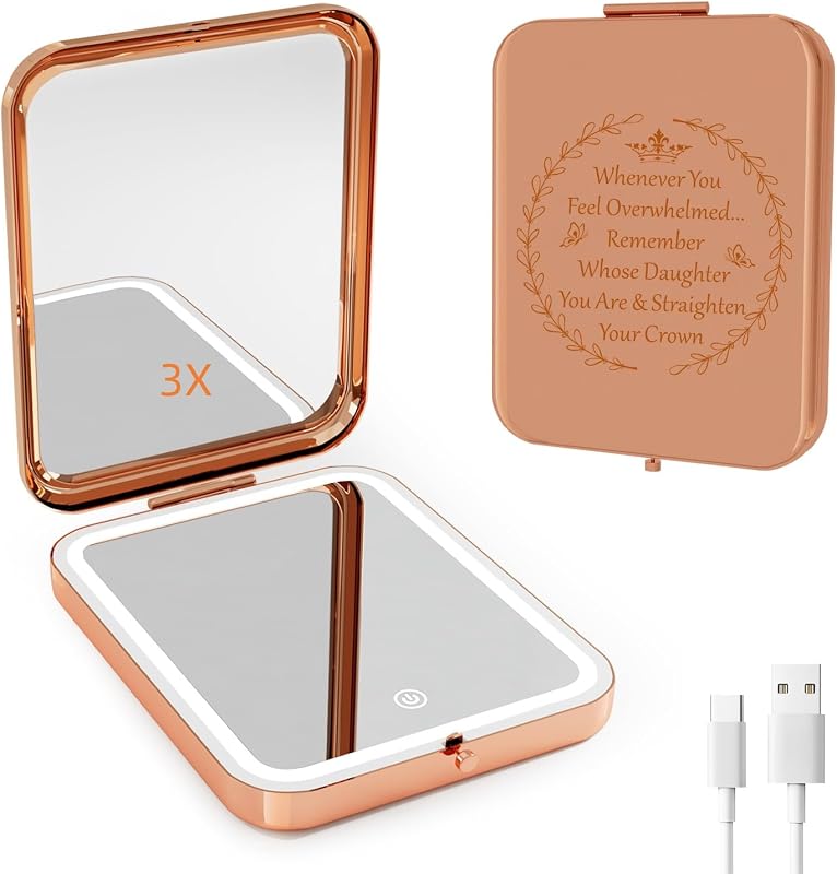 Espelho compacto de maquiagem GLINTZ com LED, dupla face 1x/3x, 3 temperaturas de cor, brilho ajustável, bateria recarregável USB-C, Rose Gold, Daughter3, 1 unidade