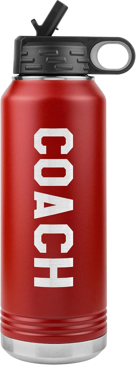 Coach Water Bottle - Coach Gift - 32oz Insulated Engraved Stainless Steel Flip Top with Straw Pewter