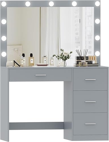 Miniatura 7 de Irontar Mesa de tocador de maquillaje, mesa de maquillaje con espejo grande y 11 luces LED, brillo ajustable, escritorio con 4 cajones, escritorio