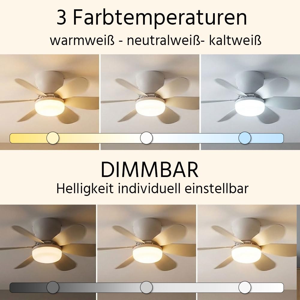 LED Deckenventilator Deckenleuchte Wohnzimmerlampe Dimmbar Weiß sand D 51 cm