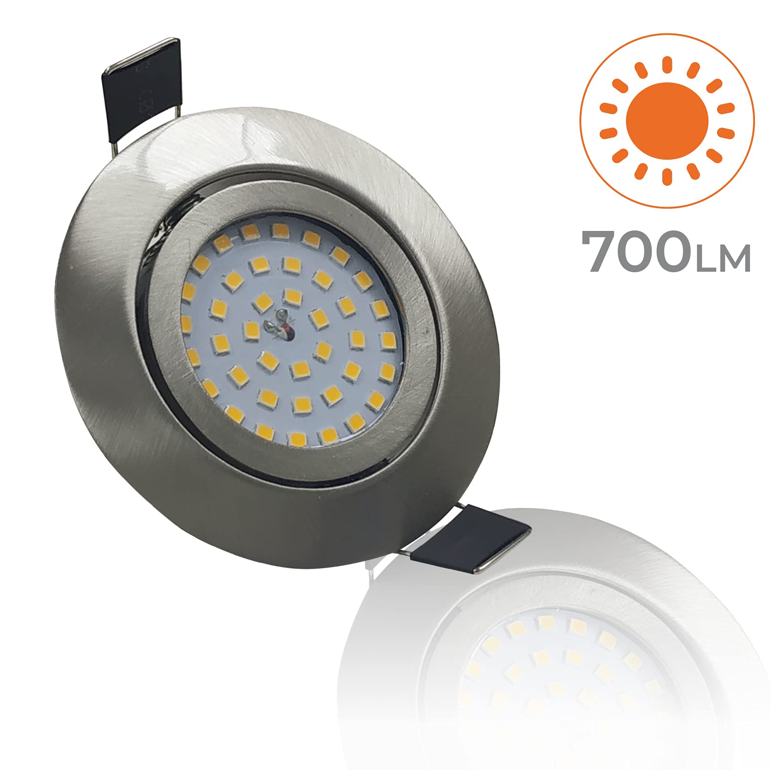 LED ATOMANT 6x LED Einbaustrahler Edelstahl Ausschnitt 75mm 7W Warmweiß | 3000K, 700 Lumen, Ring aus poliertem Stahl, Direktanschluss an 220V