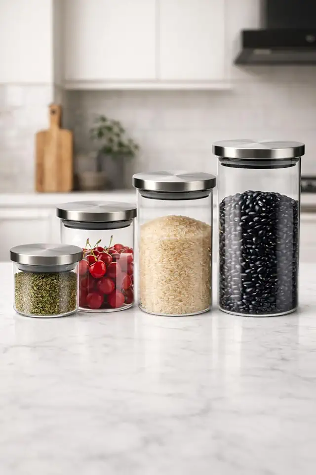 Potes de Vidro Hermético com Tampa Inox, Kit 4 Peças Borosilicato 290ml, 600ml, 950ml, 1200ml, Organizadores de Cozinha, Mantimentos Café, Grãos, Açúcar