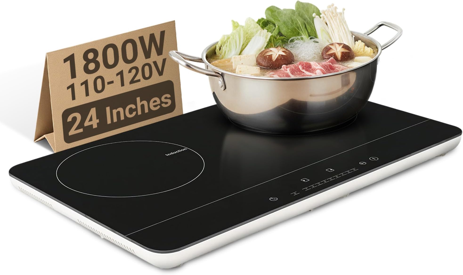 - K&H 2 Burner Double Dual 24 Inch Induction ULTRA SLIM Electric Stove Top Ceramic Cooktop White 120V 1800W IN-DD18-120S