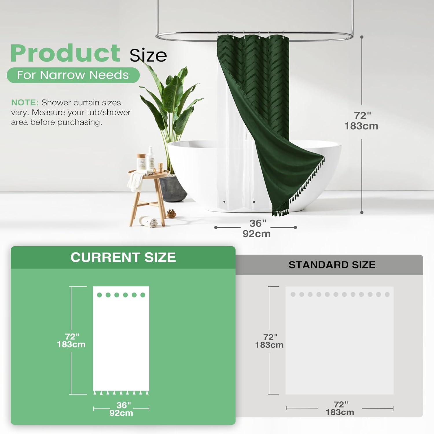 Dynamene Boho Shower Curtain and Liner Set, Tufted Chevron Textured Tassel Shower Curtains for Bathroom and Waterproof Liner with Hook, 36" W x 72" L (Pack of 1), Dark Green 1