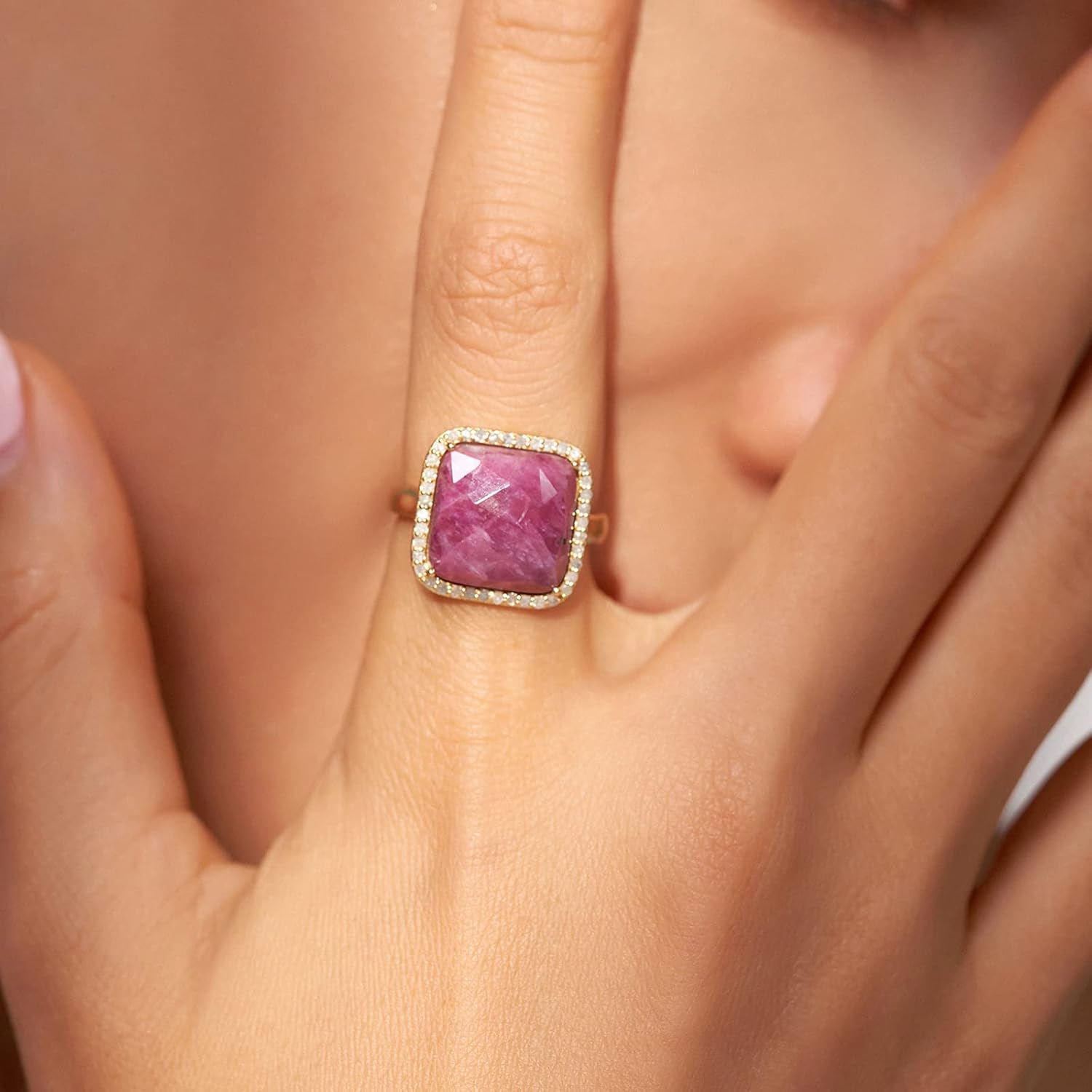 Jupiter Natural Gemstone Rings, 925 Sterling Silver Genuine Gemstone Square Ring with Diamonds for Women Girls, Birthstone Rings Jewelry Gifts for Valentine's Day, Birthday (Available 6,7,8)