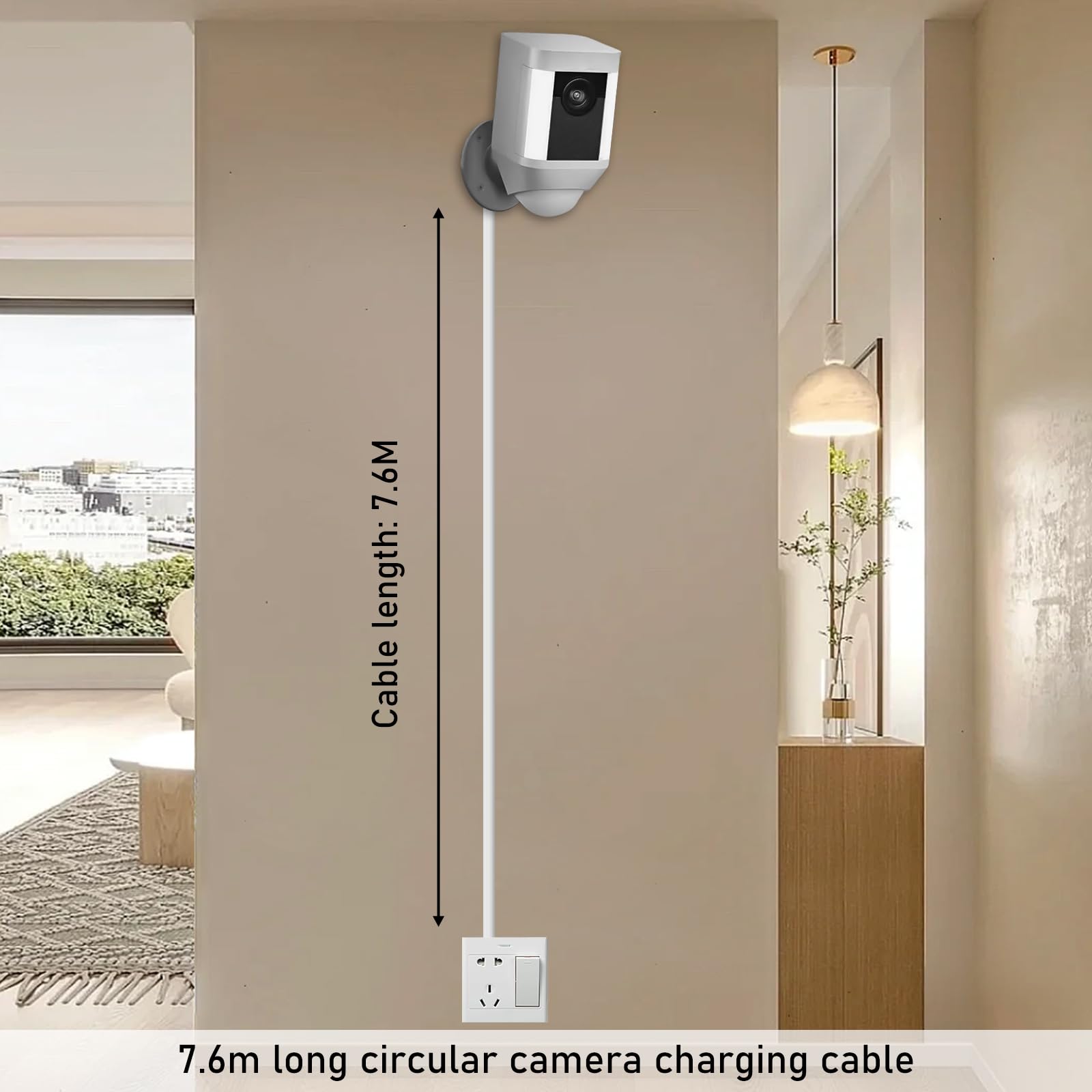 Kabel zasilający i adapter o długości 7,6 m, zasilacz do Arlo Pro Pro2, kompatybilny z Ring Spotlight Cam, przedłużacz, wtyczka odporna na warunki atmosferyczne i kabel do ładowania USB-C, biały kabel