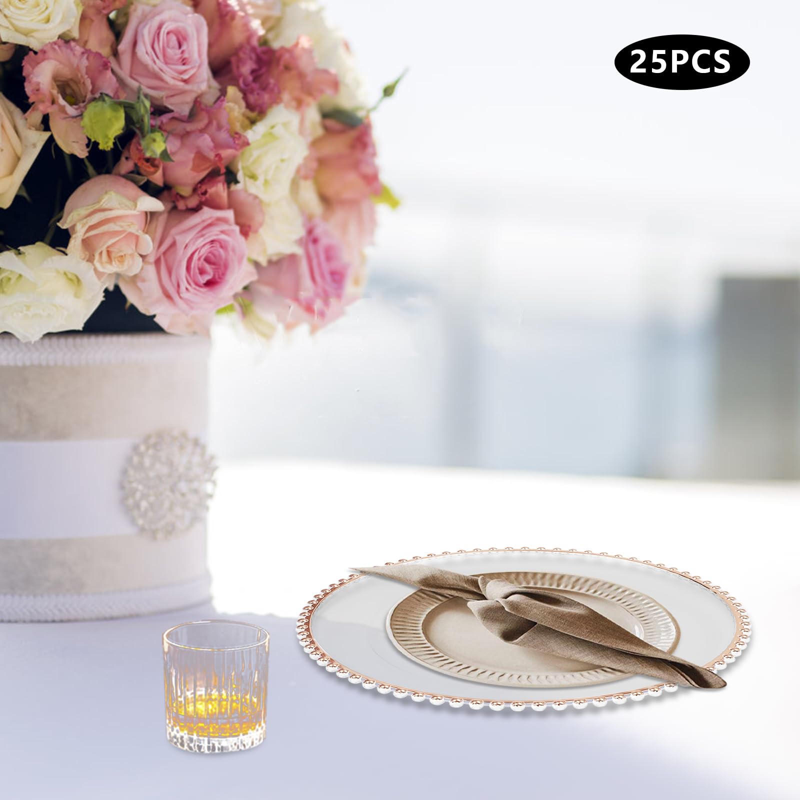 Set Of 4 Glass Charger Plates With Beaded Rim - Rose Gold, Silver, Or Gold - Perfect For Weddings & Dinner Parties - View #3