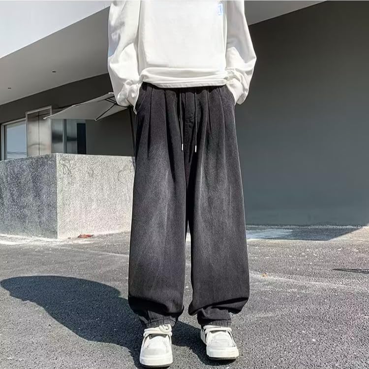 Men's Casual Denim Pants Baggy Y2k Drawstring Elastic Waist Wide Leg Jeans Hip Hop Streetwear for Men2