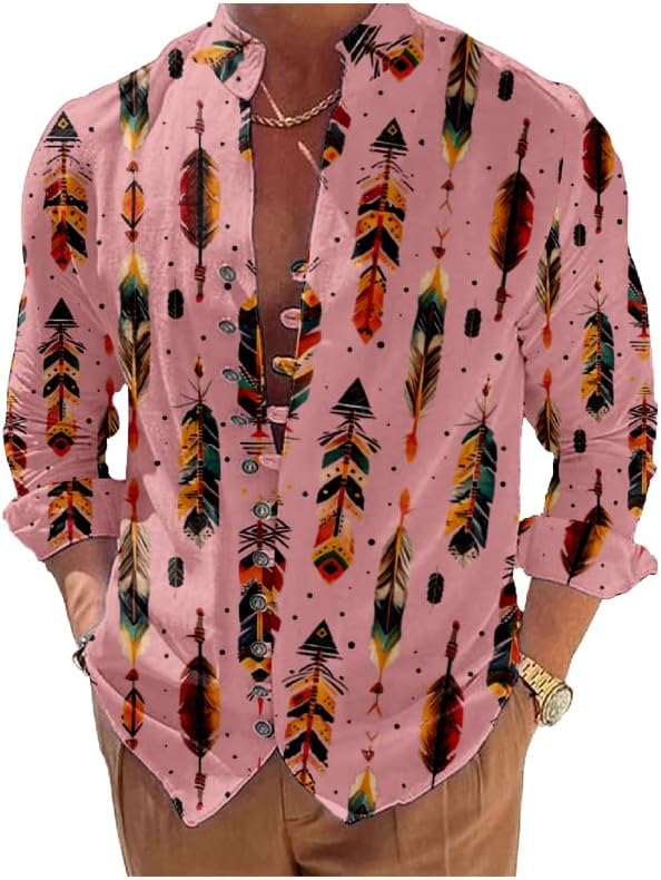 Mens Long Sleeve Button Down Shirts Aztec Printed Collar Muscle Loose Fit Fashion Cool Novelty Summer Shirt