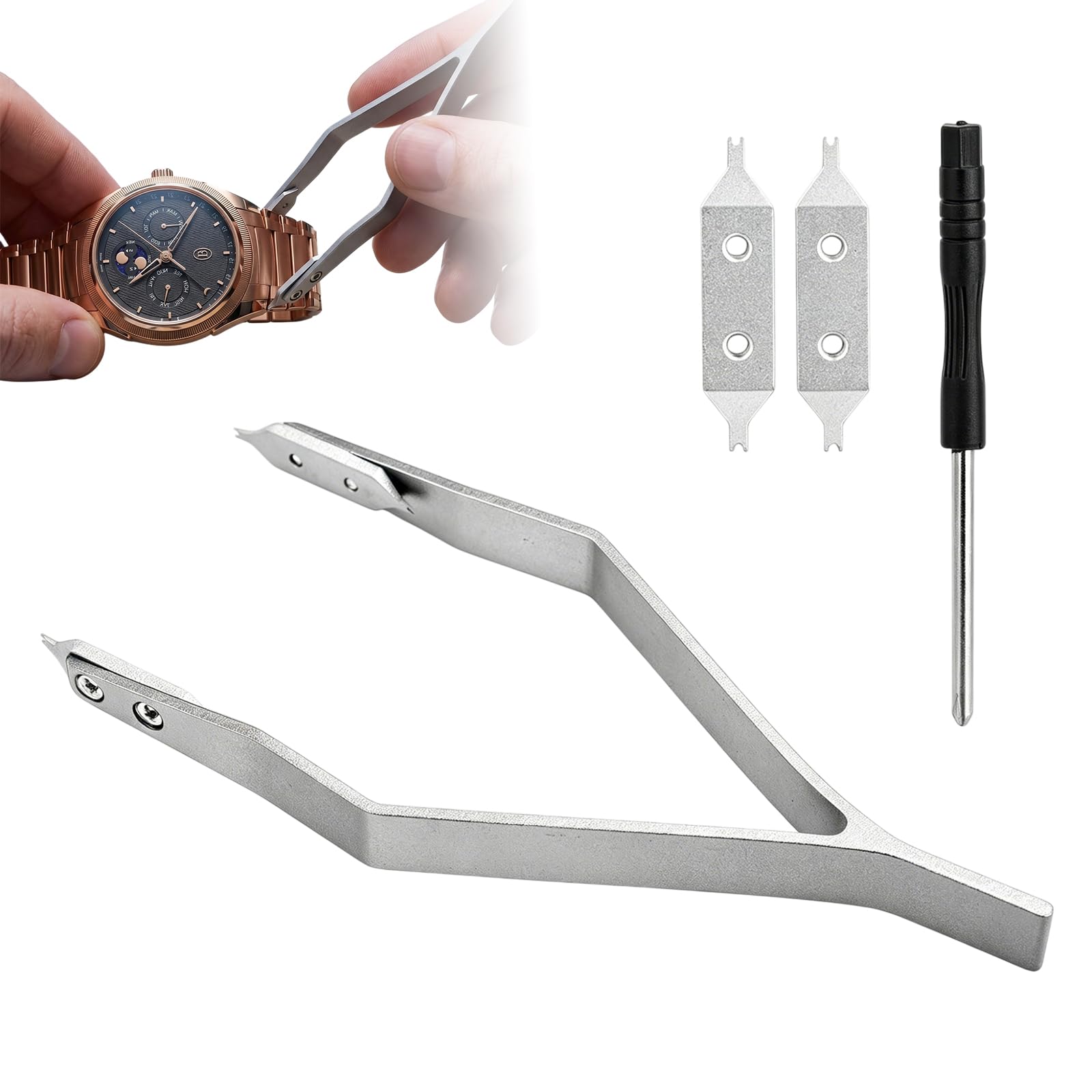Hocklliy Watch Spring Bar Tool with 2 Spare Tips & Screwdriver, Aluminum Alloy Watch Bracelet Removal Tool, Spring Bar Tweezer for Watches Repair & Adjustment