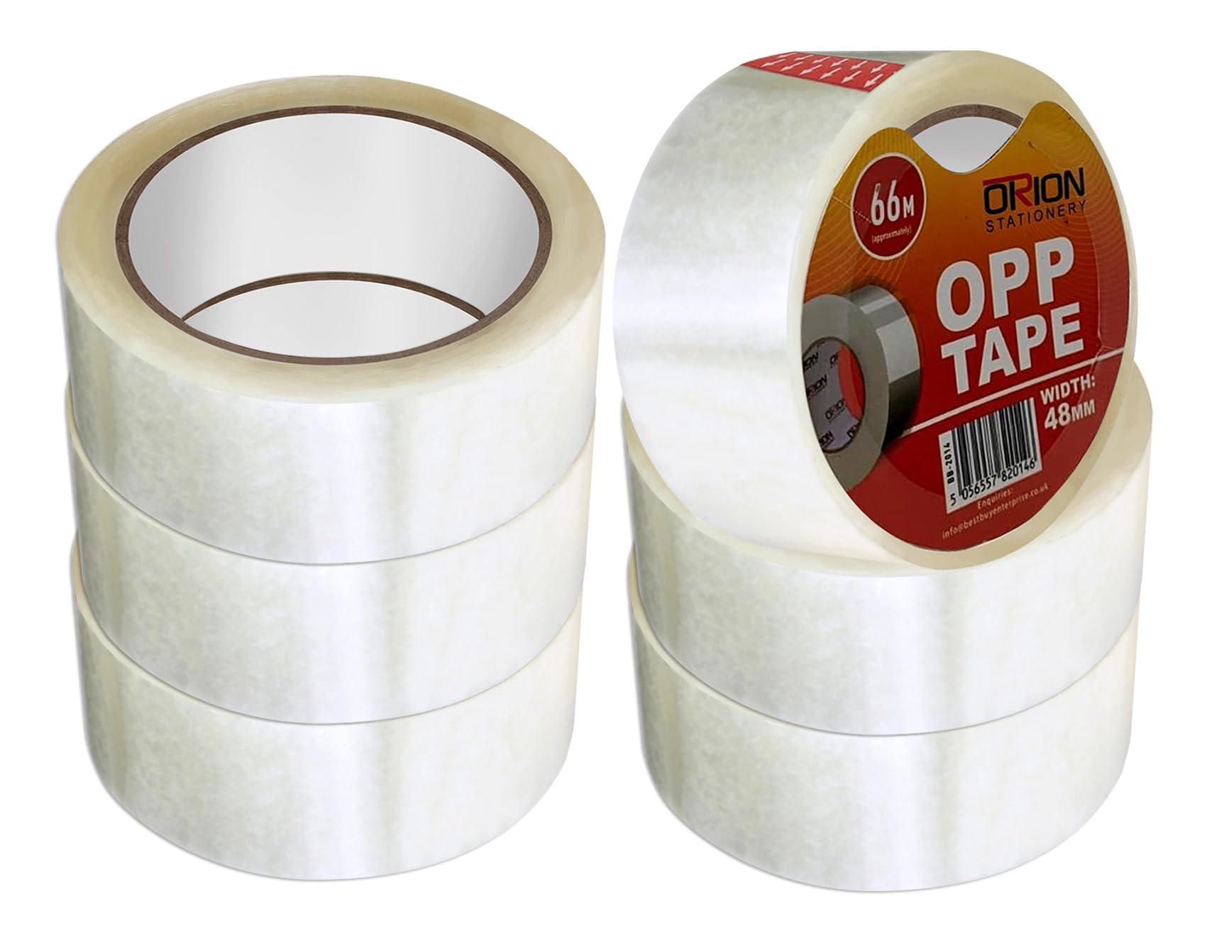 Orion Stationery Clear Tape | 6 Rolls of 48mm X 66m | Transparent Parcel Packaging | Strong, Adhesive, Shipping, Moving, Storage Cardboard Boxes, Warehouse Use
