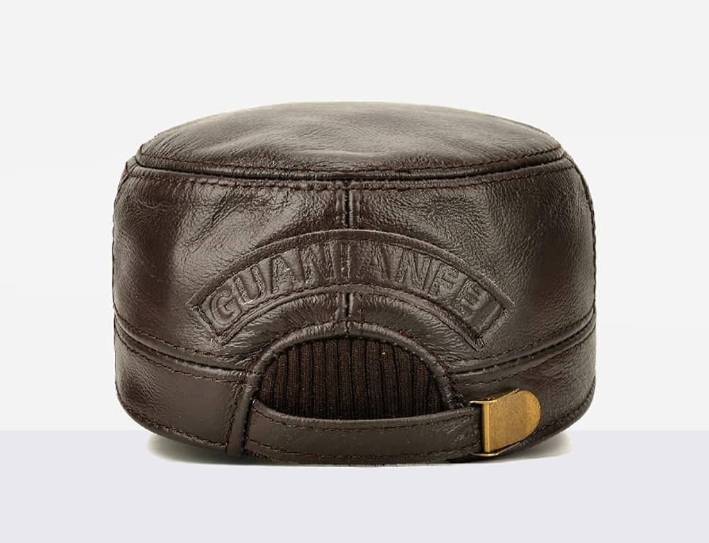 Men's Vintage Leather Military Cap Flat Top Winter Warm Male Cadet Army Caps Solid Color for Cold Weather - Image 7