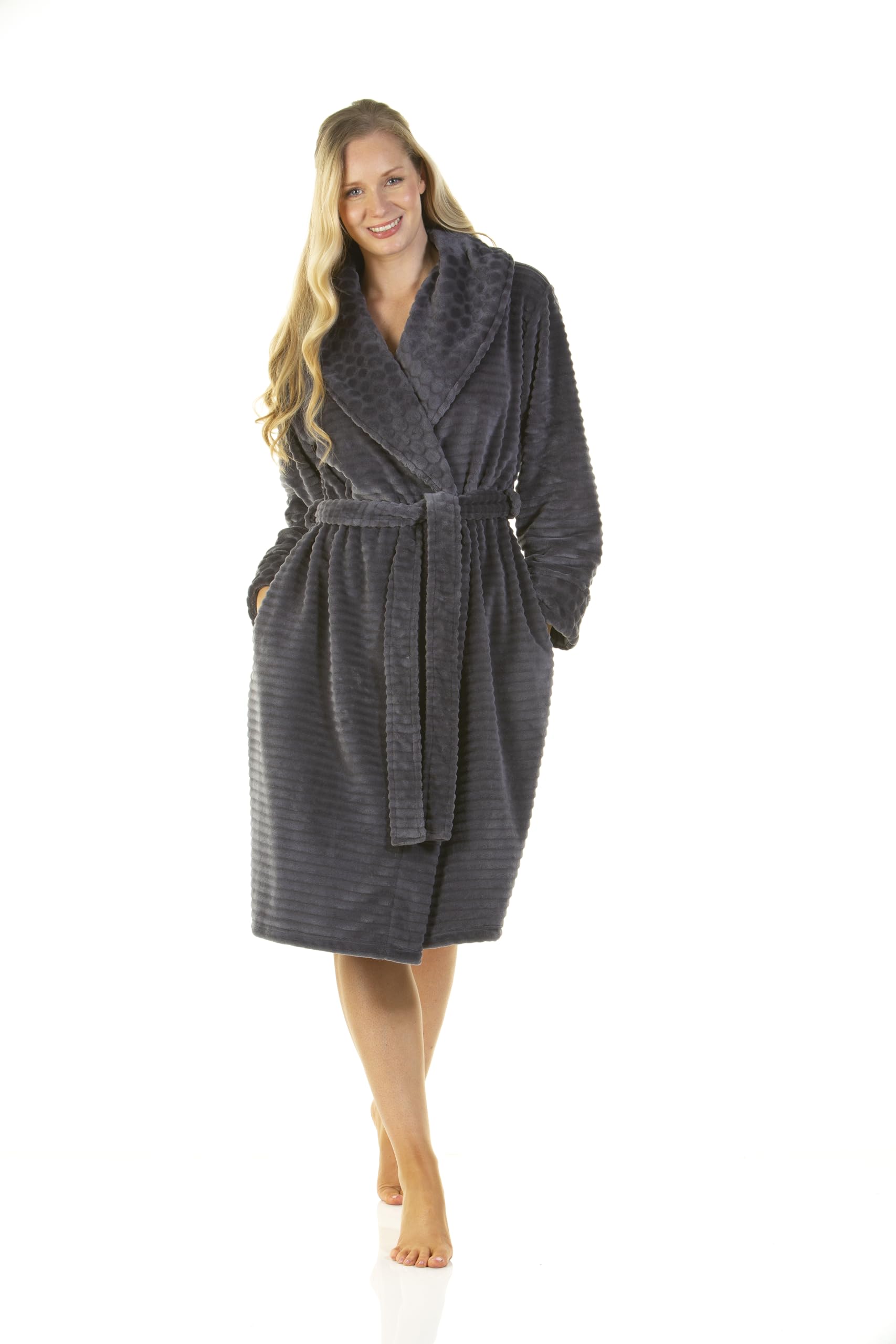 Wysteria Lane Women's Charcoal Supersoft Ribbed Dressing Gown In S/M (Uk 10-12, Eu 38-40)